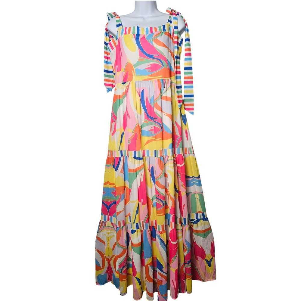 Flying Tomato Tea Party Woven Maxi Dress Womens L Rainbow Tie Shoulder Tiered - Picture 2 of 14